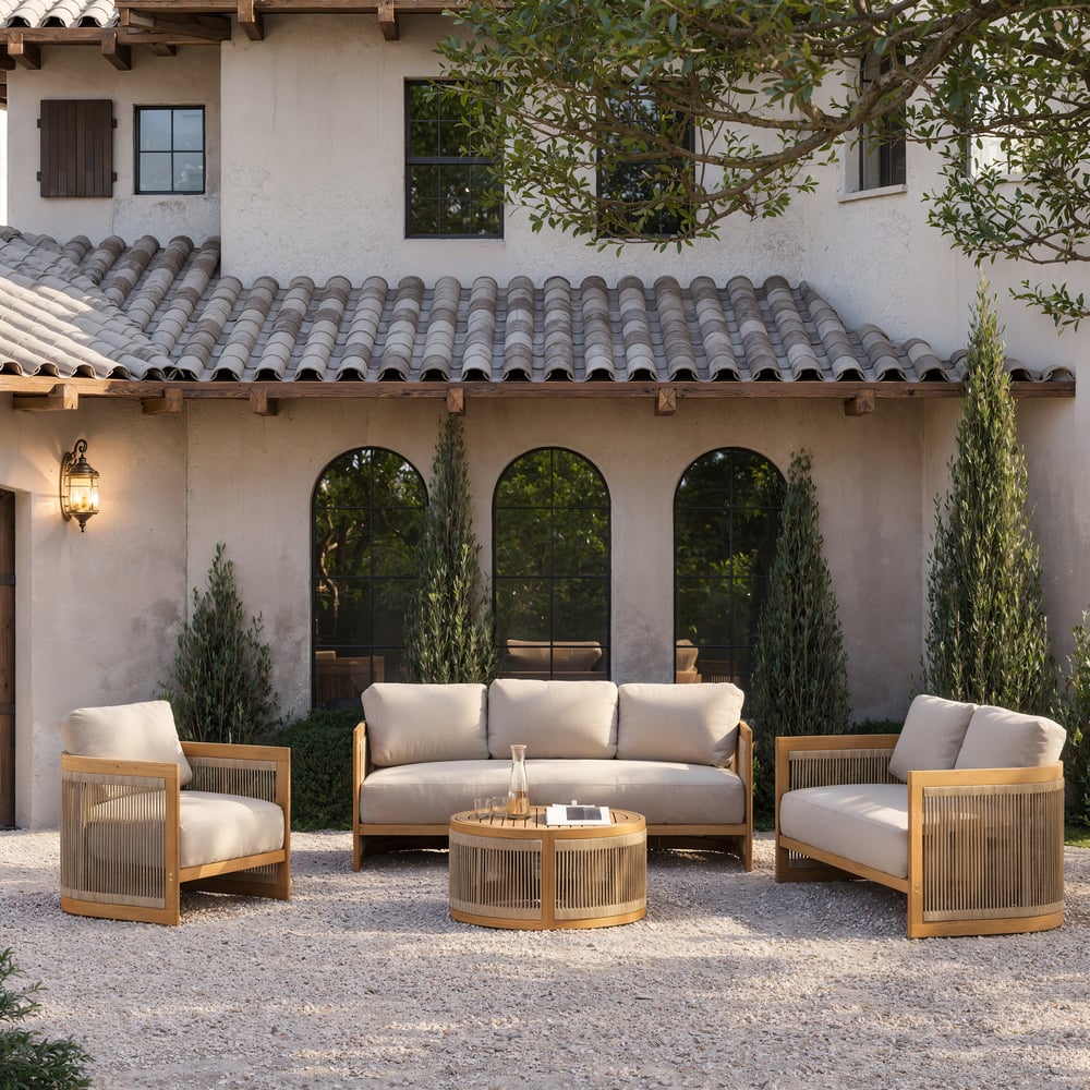 4-Piece Outdoor Teak & Rope Weave Sofa Set with Coffee Table for 6 window image