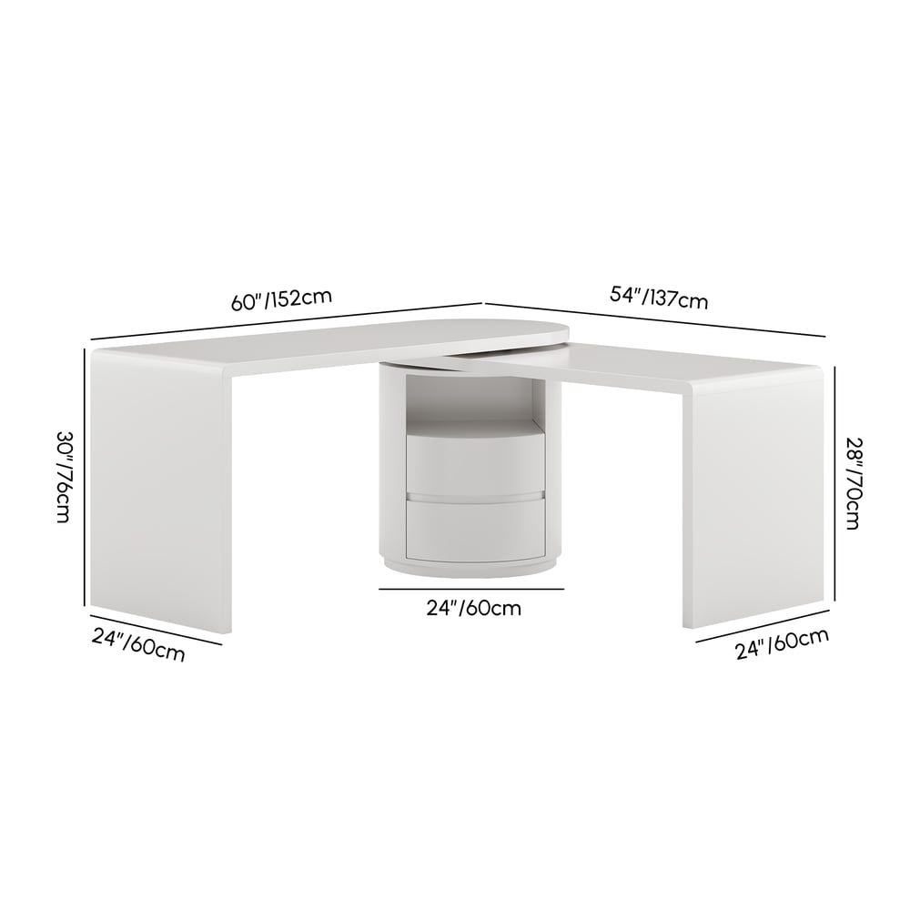 Modern 60" L-Shaped Matte Warm White Executive Desk with Drawers, Rotating Design weights dimensions image
