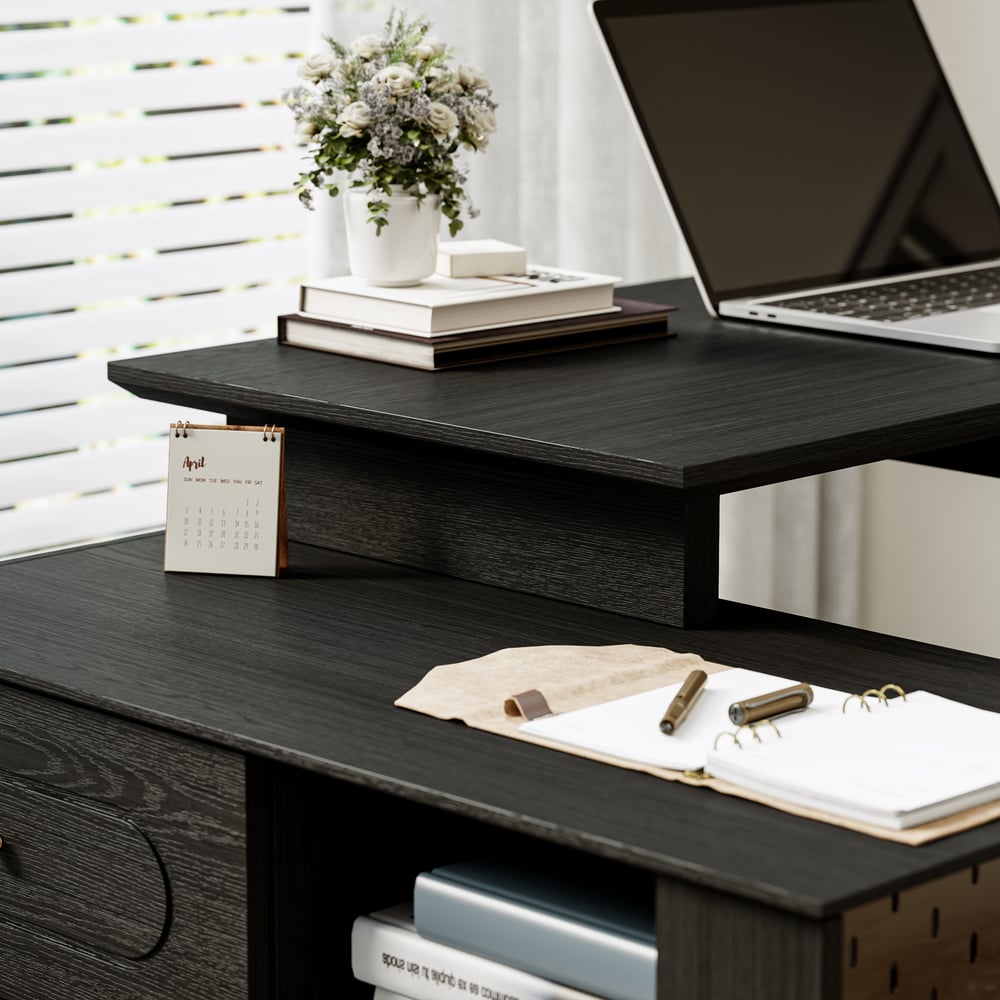 Modern 73" L-Shaped Black Rotating Desk with Keyboard Tray & Storage window image