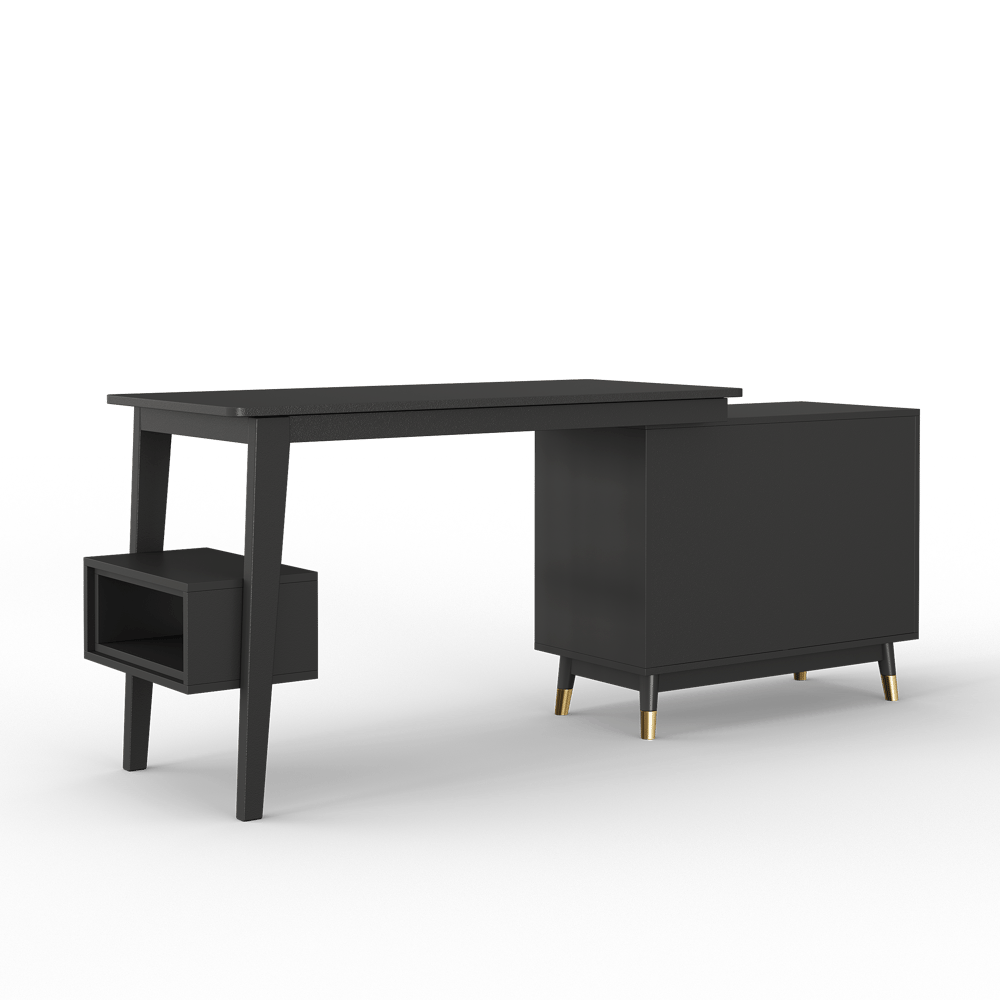 Ultic Matte Black L Shaped Home Office Desk & Faux Leather Office Chair Set with Wheels window image