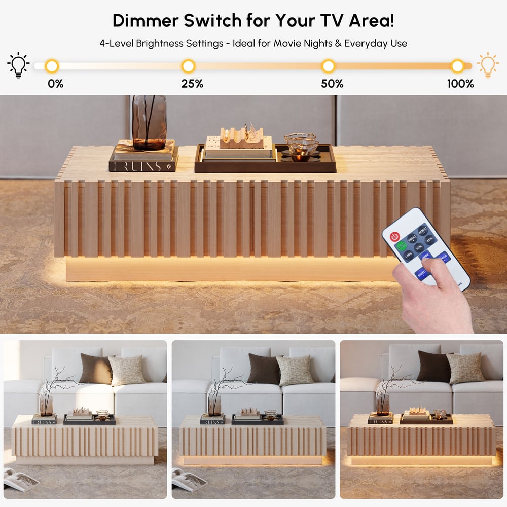 Aura 47" Ash Wood Slatted Coffee Table with Sintered Stone Top window image