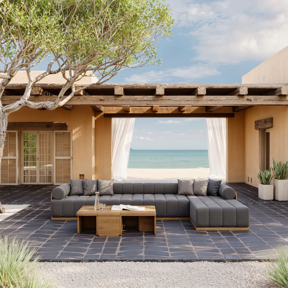 Resaro 4-delige modulaire buitenbankset van teakhout voor 5 personen in grijs Vensterafbeelding