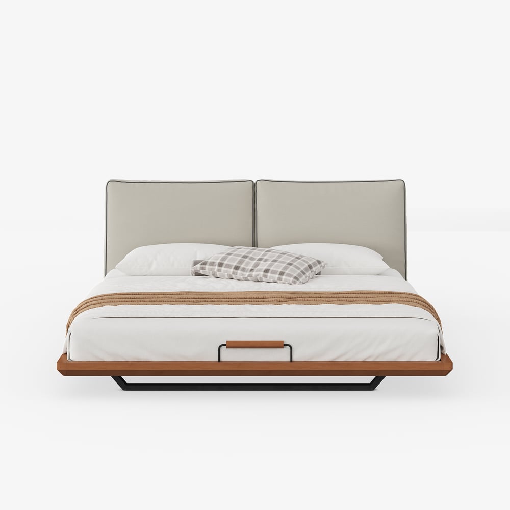 Japanese Style Solid Wood King Floating Bed with Headboard & Light window image