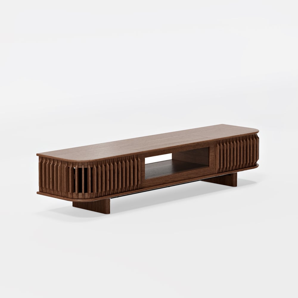 80" Ash Wood Fluted Walnut Projector TV Stand with LED window image