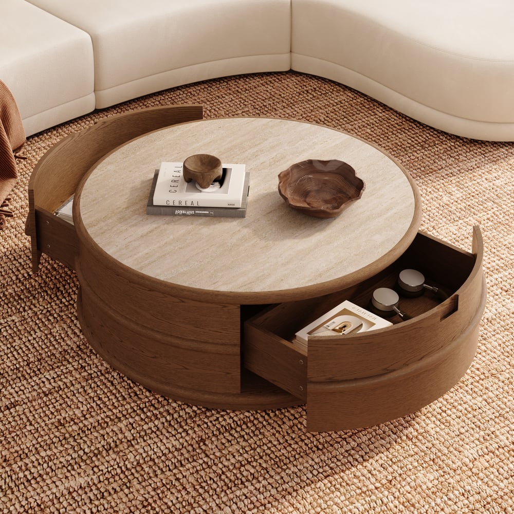 36" Ash Wood Round Coffee Table with Sintered Stone Top window image