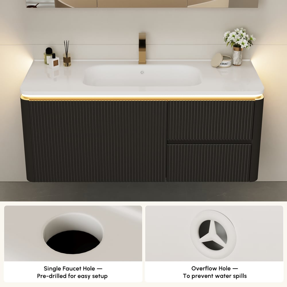 Mueble de baño flotante moderno de 120 cm con lavabo, LED suave, amplio almacenamiento Imagen de ventana