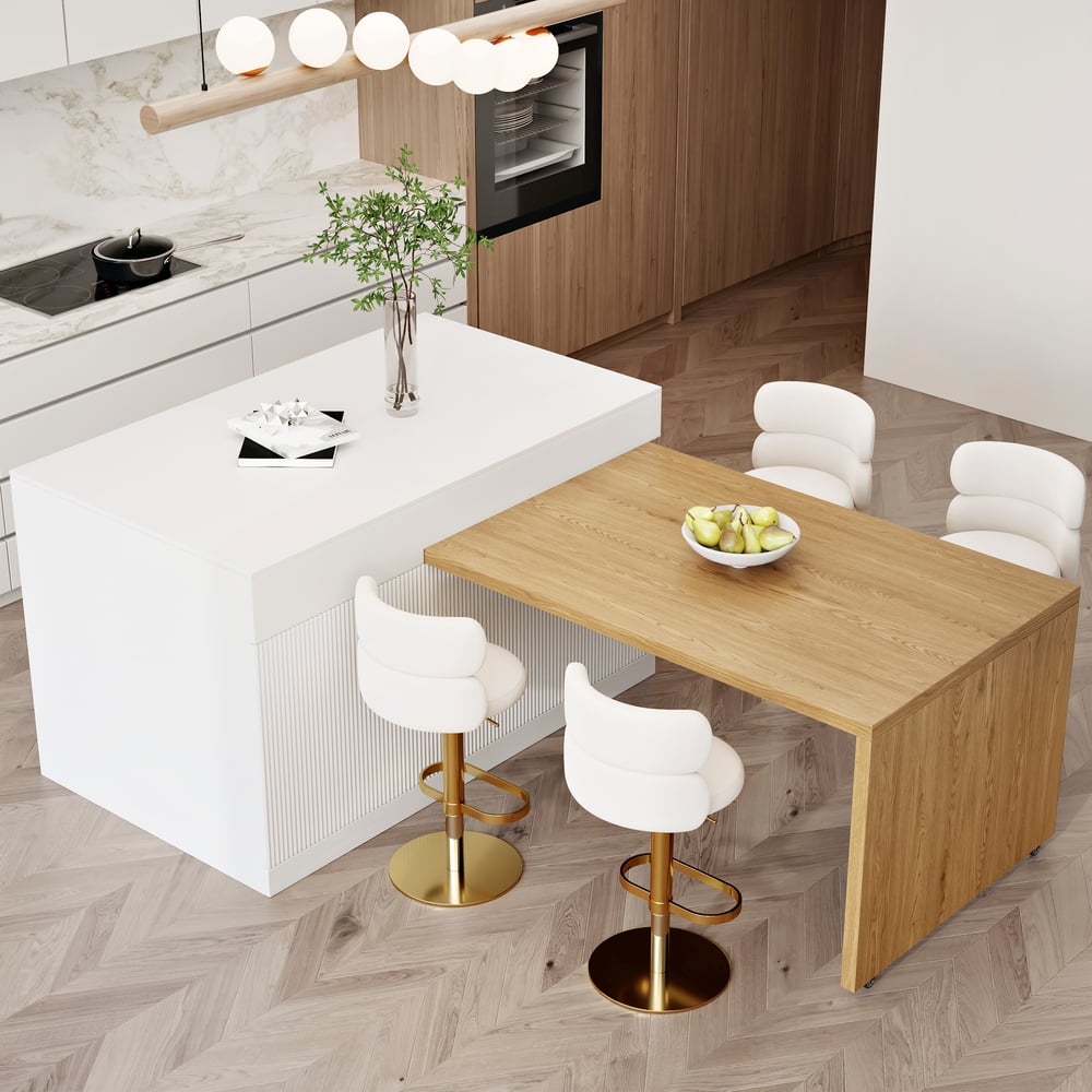 Îlot de cuisine extensible en bois de 81''-112" avec rangement, Naturel & Blanc image de fenêtre