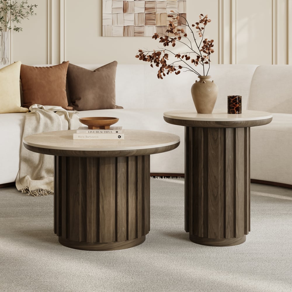 Aura 2 Piece Set Ash Wood Slatted  Round Coffee Table with Sintered Stone Top(20" - 28") window image