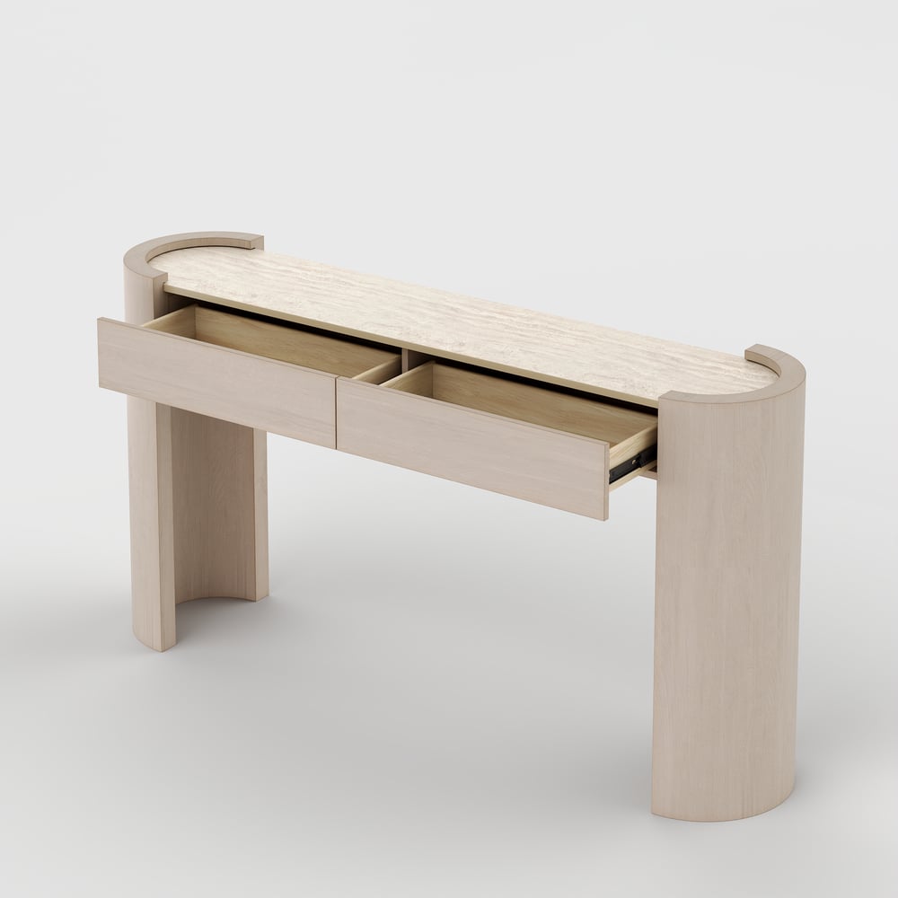 Console ovale Japandi de 60 pouces en pierre frittée avec 2 tiroirs image de fenêtre
