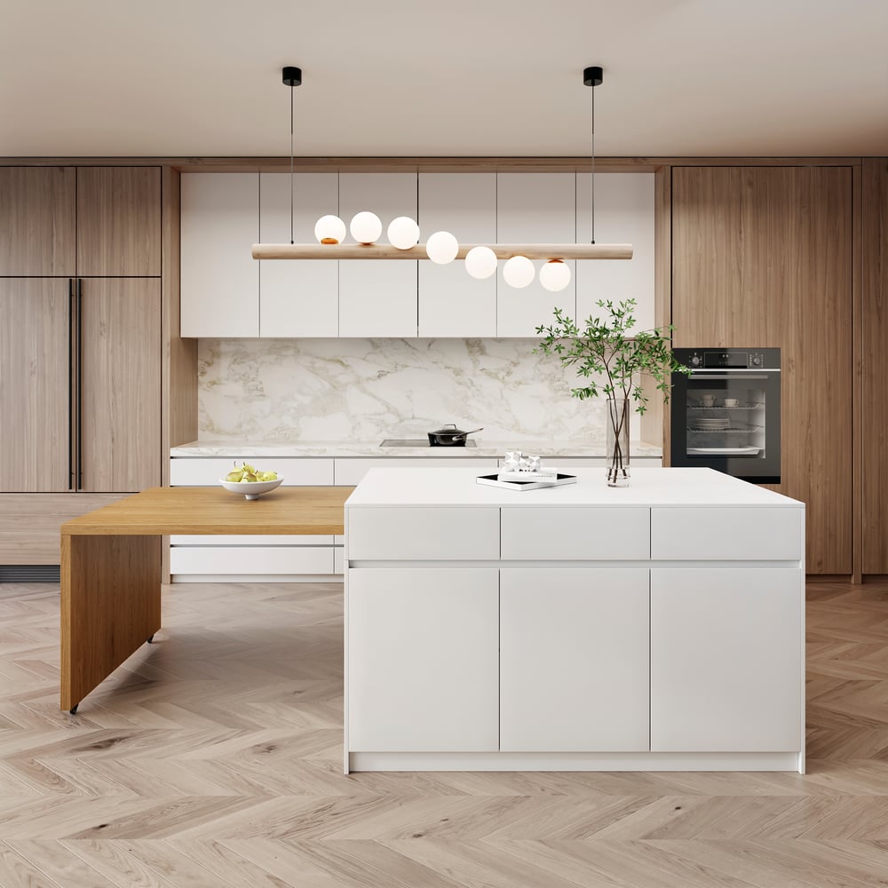 Îlot de cuisine extensible en bois de 81''-112" avec rangement, Naturel & Blanc image de fenêtre