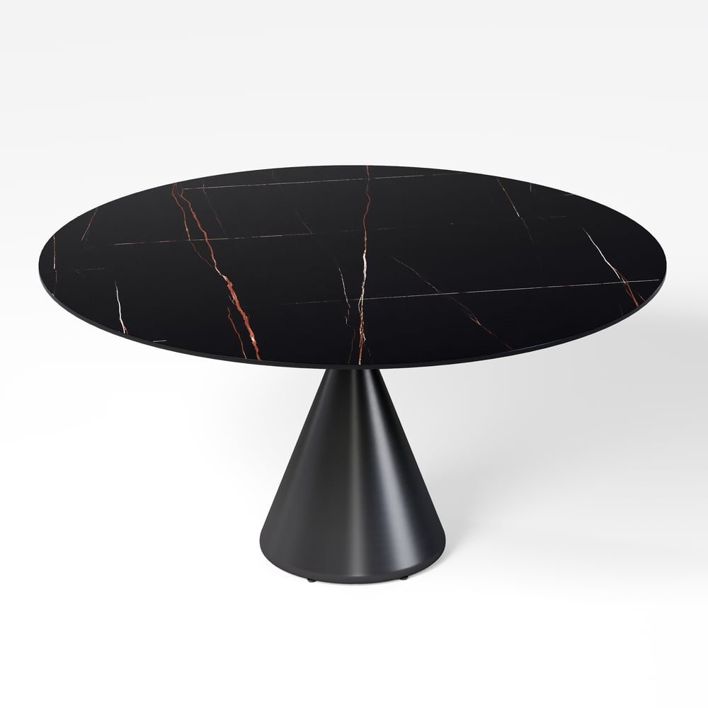 Modern 60" Round Matte Sintered Stone Dining Table with Black Pedestal Base, Seats 6 window image