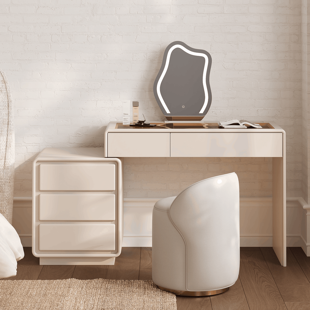 Modern Matte Warm White Makeup Vanity Set with LED Mirror and Jewelry Storage  (40"-57") window image