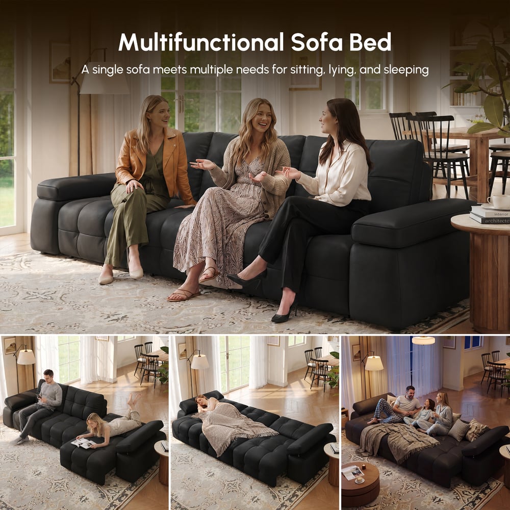 130" 3-Seater Genuine Leather Power Convertible Sleeper Sofa with Adjustable Armrests window image