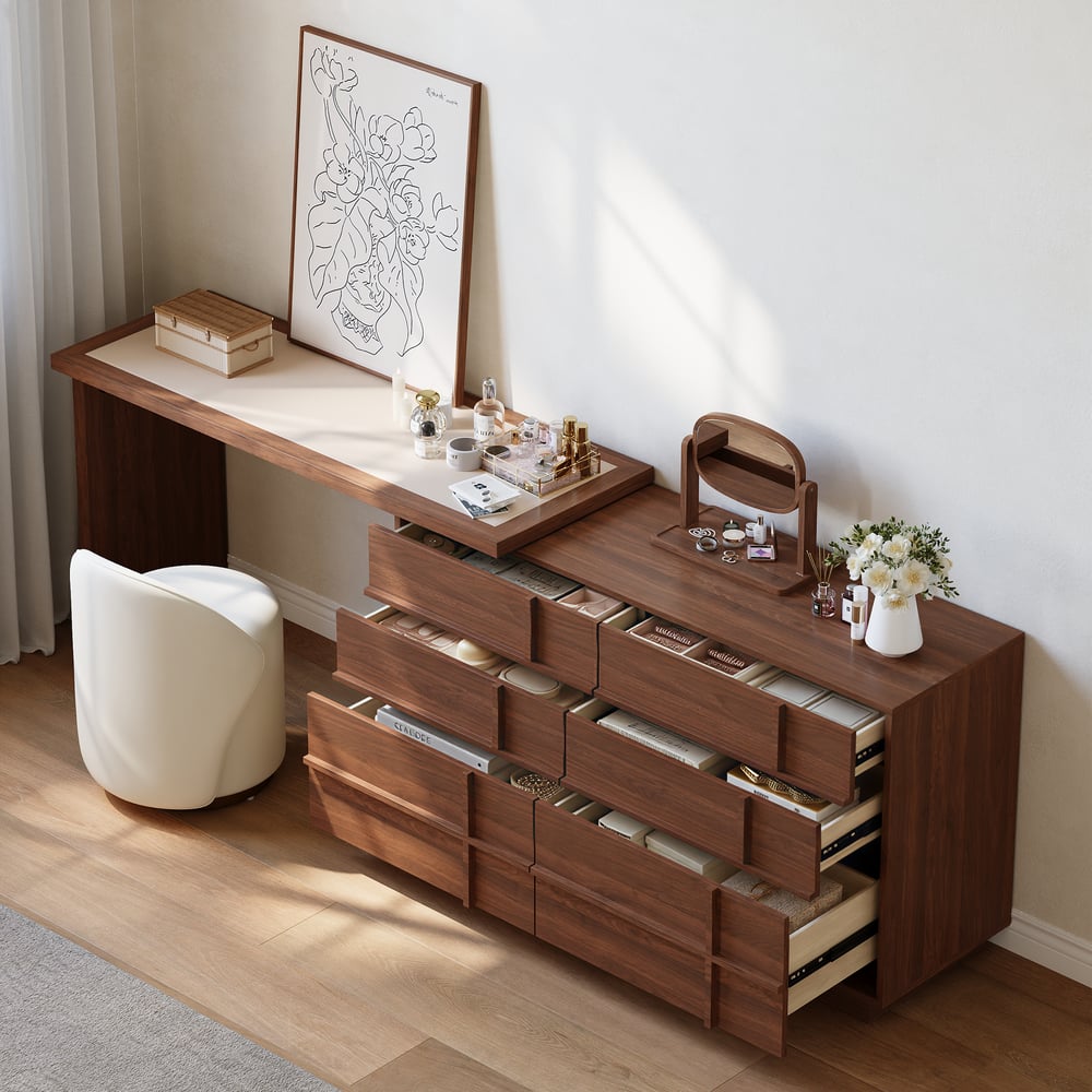 Panvyr Wooden Extendable L-Shaped Makeup Vanity Dresser with Vanity Mirror (49"–94") window image