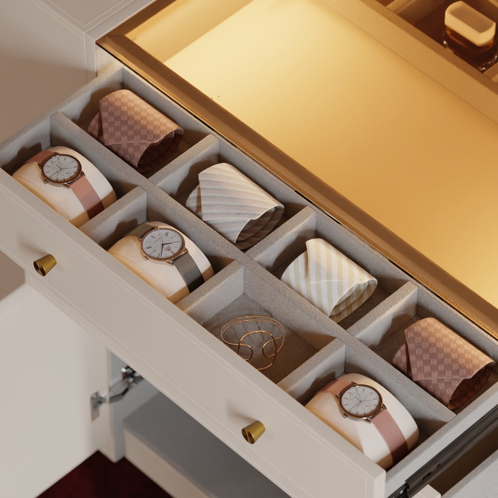 Selvo Saddle Leather Glass Top Closet Island with Storage, Light and Jewelry Display window image