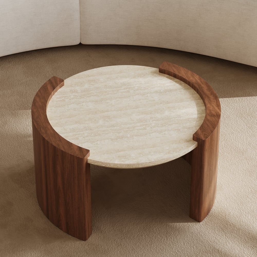 Table basse ronde en noyer de 28 pouces avec plateau en travertin image de fenêtre
