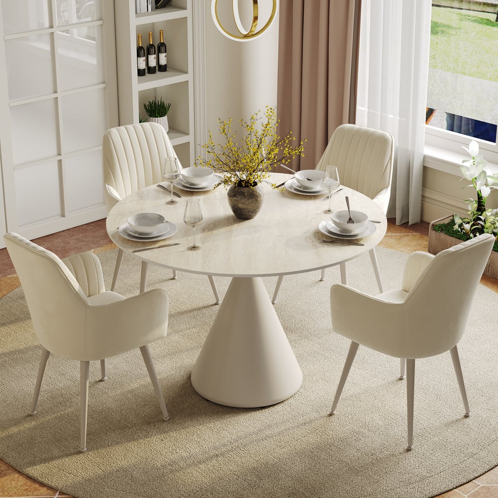 Table à manger ronde moderne en pierre frittée de travertin mat de 99 cm, 2 places image de fenêtre