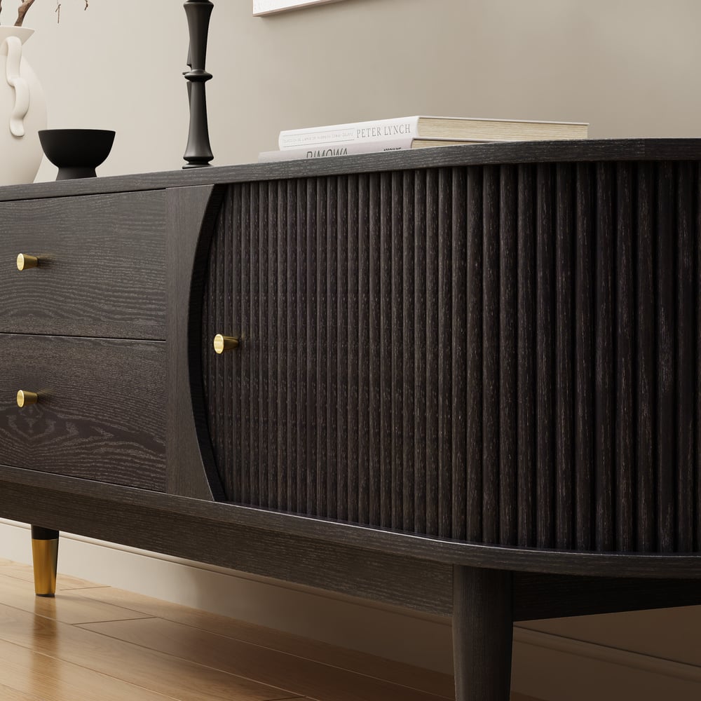 80" Ash Wood Fluted Black TV Stand with Storage window image