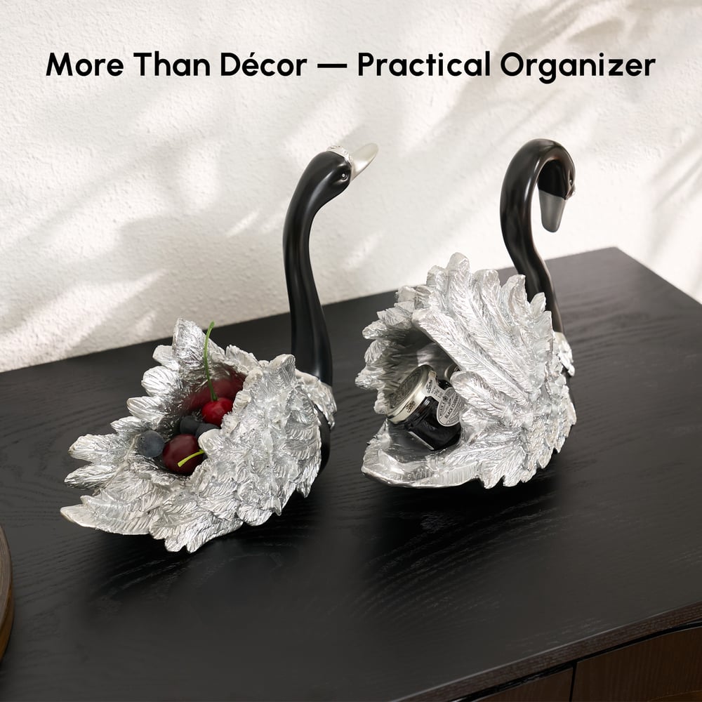 2-Piece Resin Swan Figurines – Elegant Black & Silver Swan Decorative Storage Set window image
