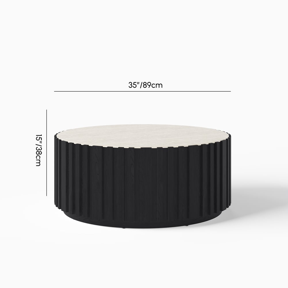Aura 35" Round Black Slatted Sintered Stone Coffee Table with 2 Drawers weights dimensions image