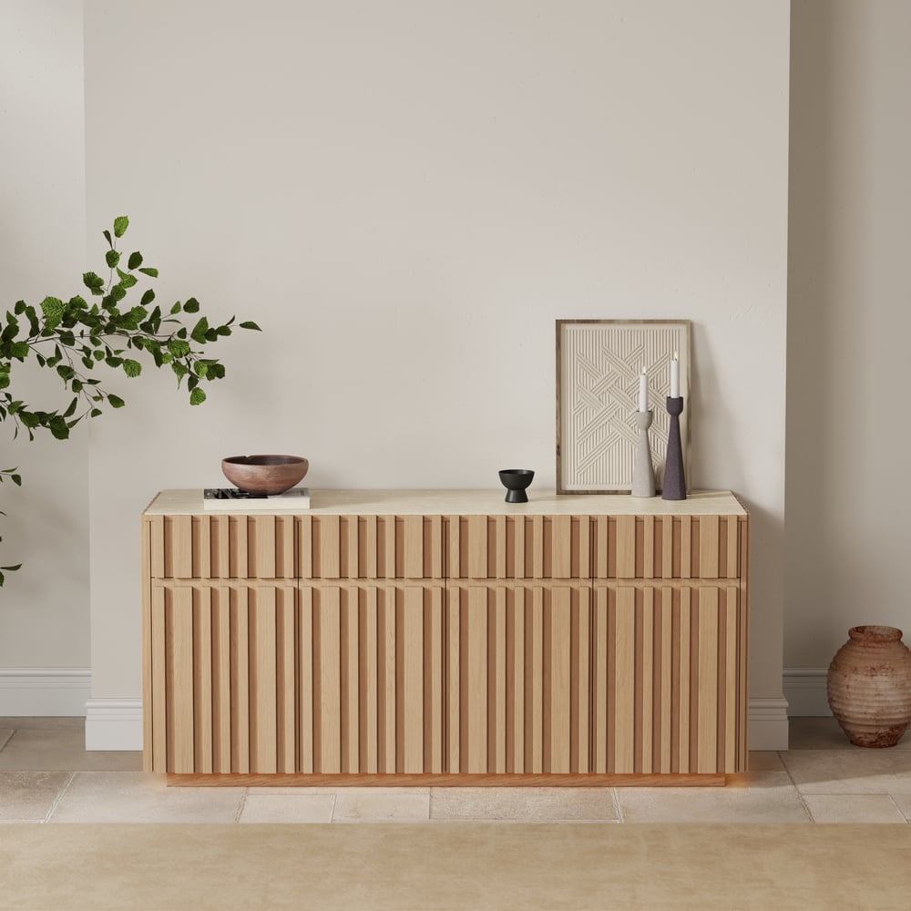 Aura 65" Ash Wood Slatted Natural TV Stand with Sintered Stone Top window image