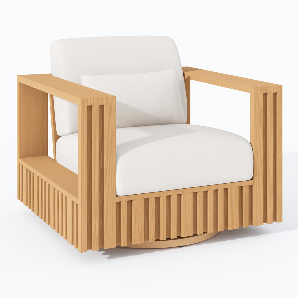 Modern Outdoor Sculptural Fluted 360-Degree Swivel Accent Chair in Natural window image