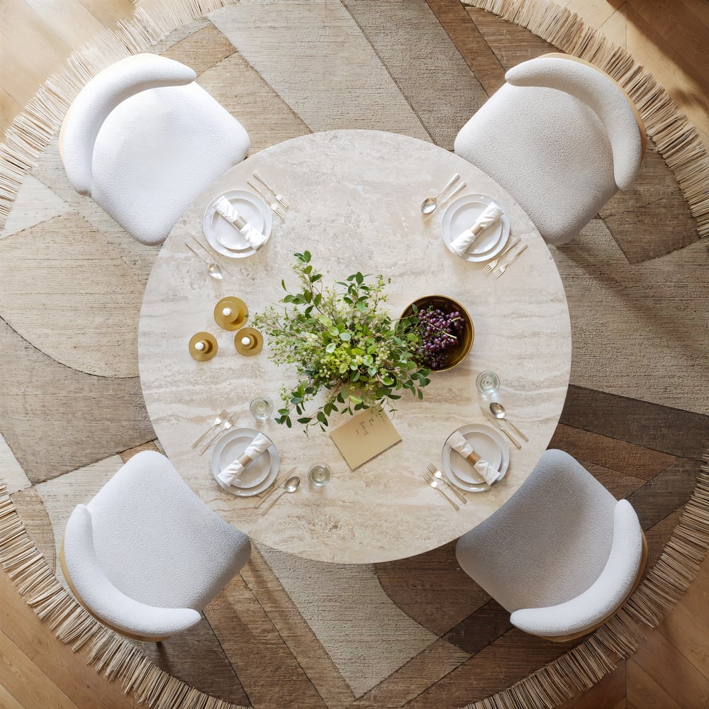 Aura 47" Round Natural Faux Travertine Sintered Stone Dining Table, Fluted Base, Seats 4 window image