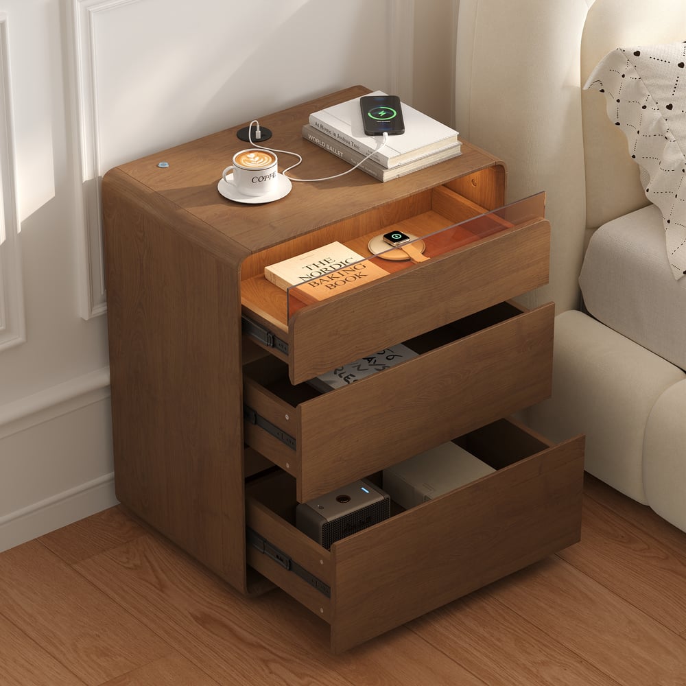 Meloa 24" Wooden 3-Drawer Smart Nightstand With LED Lighting & Charging Station window image