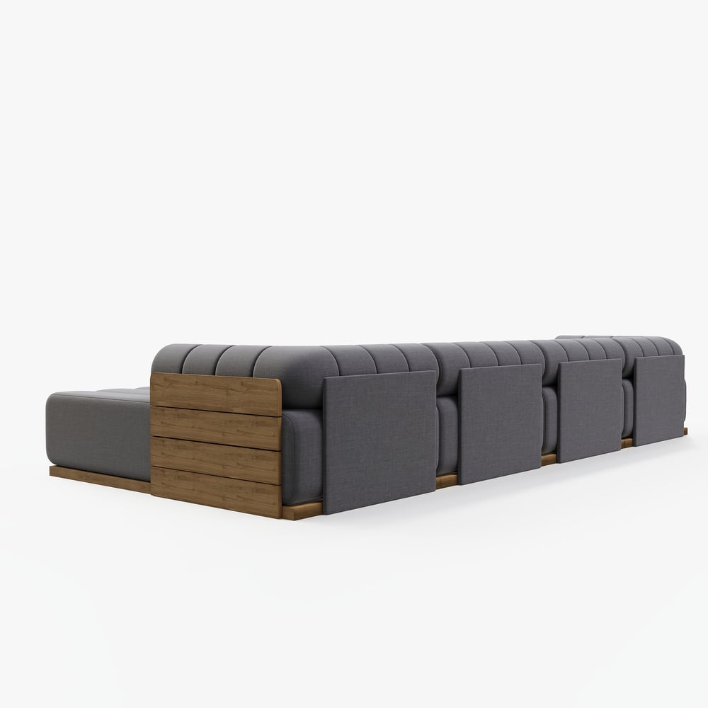 Ensemble de canapé modulaire d'extérieur 7 pièces Resaro en teck naturel avec dossier cannelé gris foncé image de fenêtre