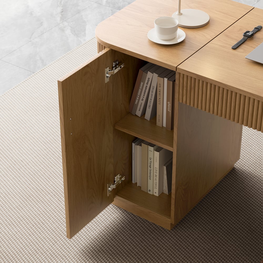 Velign 65" L-Shape Natural Executive Desk with Right-Side Cabinet window image