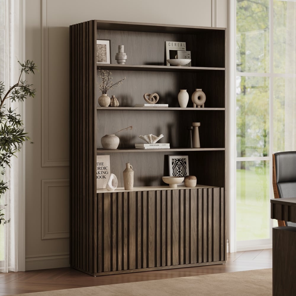 Aura 47" Ash Wood Fluted Bookcase With Sintered Stone Top window image