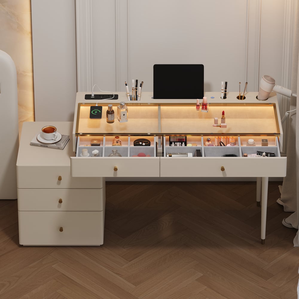 Selva Oatmeal Saddle Leather LED-Makeup Vanity Set with Charing Station and Mirror window image