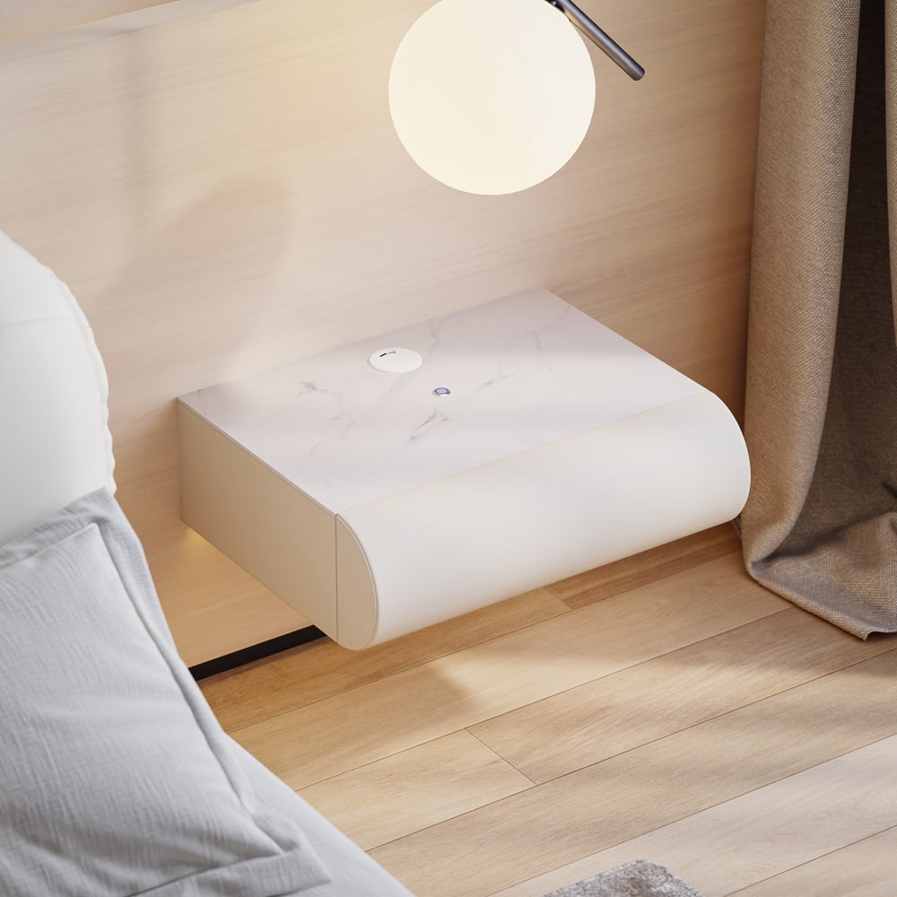 Table de chevet intelligente à LED 1 tiroir en cuir flottant Humply avec plateau en pierre frittée image de fenêtre