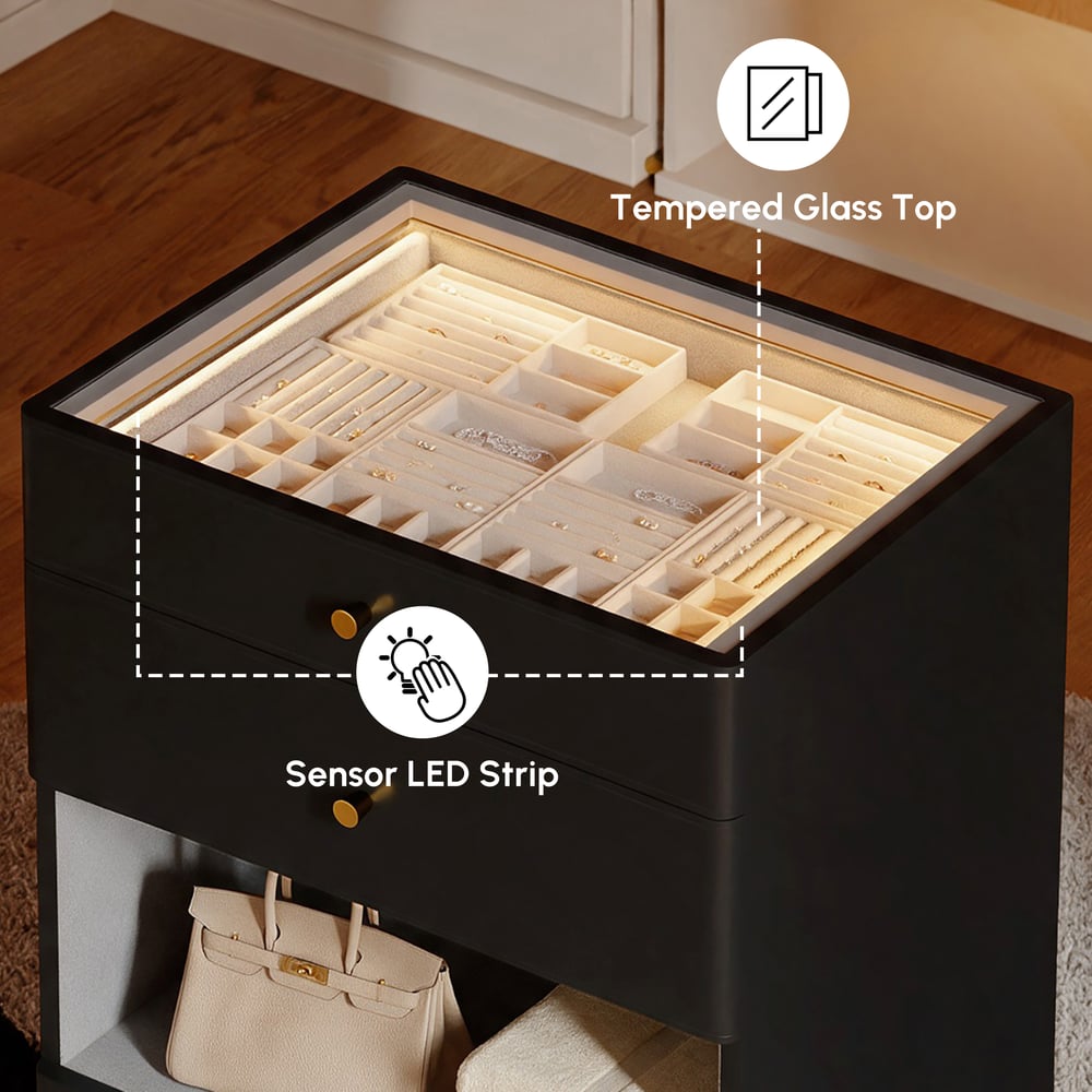 Selvo Walk-In Closet Island Jewelry Dresser with Glass Top & Light window image