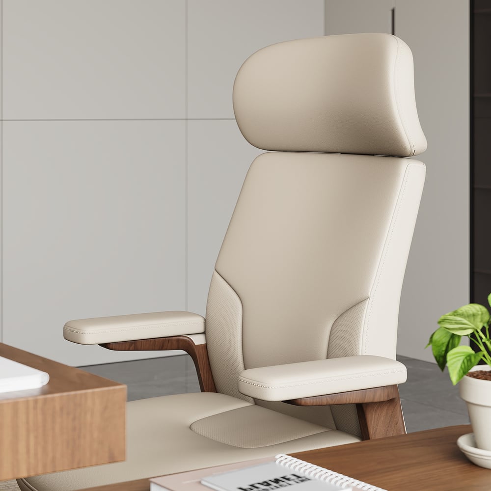 Ivory Genuine Leather Swivel Office Chair with Ergonomic Synchro-Tilt Recline System window image
