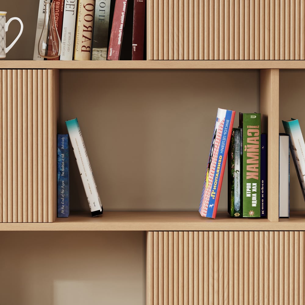 72.8" Natural Sliding Door Etagere Bookshelf 5-Shelf Tall Book Shelf Rich Storage window image