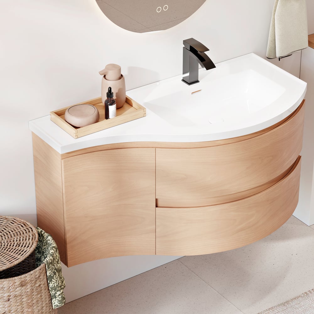 35" Floating Single Curved Bathroom Vanity with Sink & Storage window image