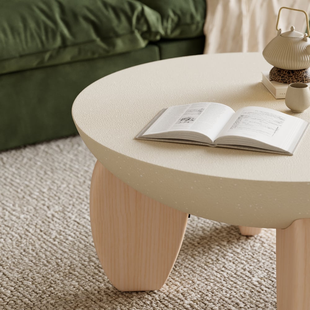 Curva Round Concrete Walnut Coffee Table with Wood Legs window image