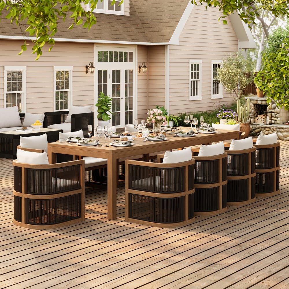 Wevara 11-Piece Outdoor Rope Weave Dining Set with 10 Chairs in Walnut window image