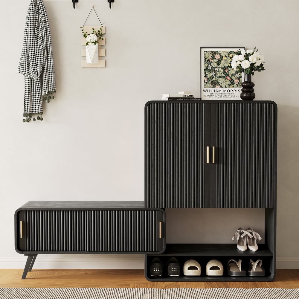Meuble d'entrée cannelé en placage de bois de frêne de 37 pouces avec rangement pour chaussures, main gauche image de fenêtre