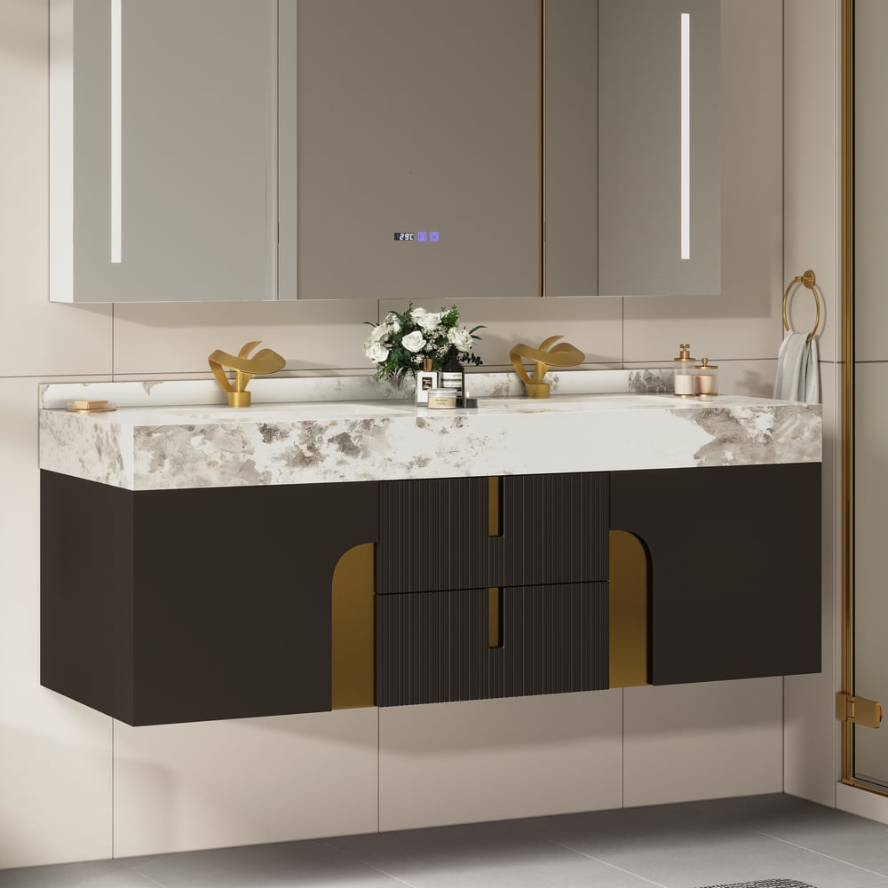 Mueble de baño Artis de 152cm de doble lavabo flotante con encimera de piedra sinterizada Imagen de ventana