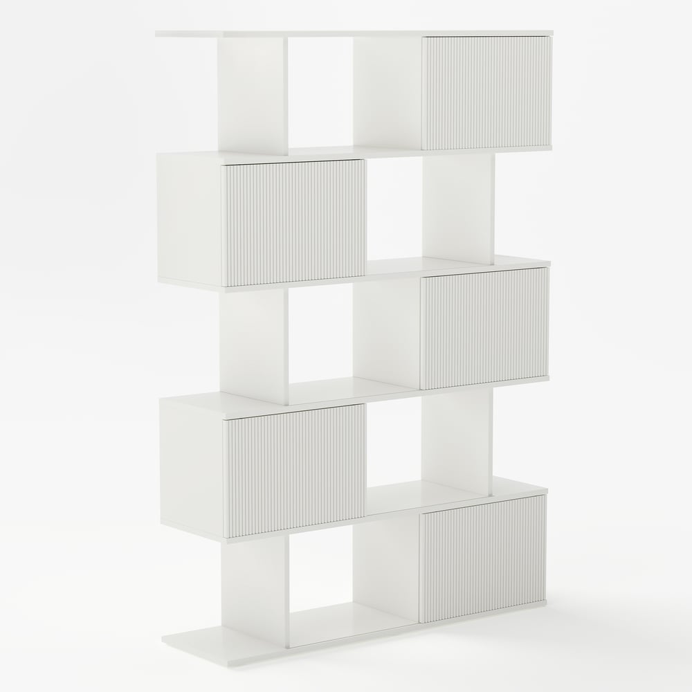 72.8" Warm White Sliding Door Etagere Bookshelf 5-Shelf Tall Book Shelf Rich Storage window image