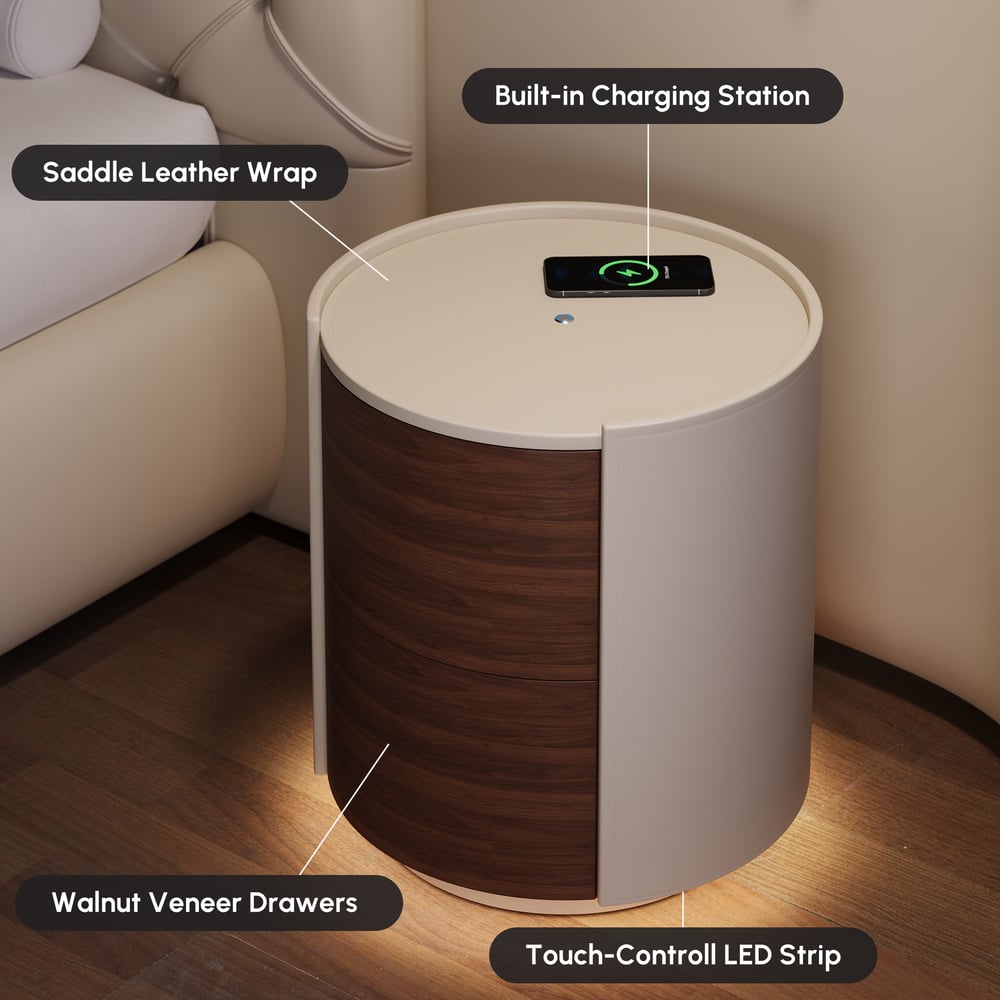 Modern Saddle Leather 2-Drawer Nightstand with Charging Station & Light window image