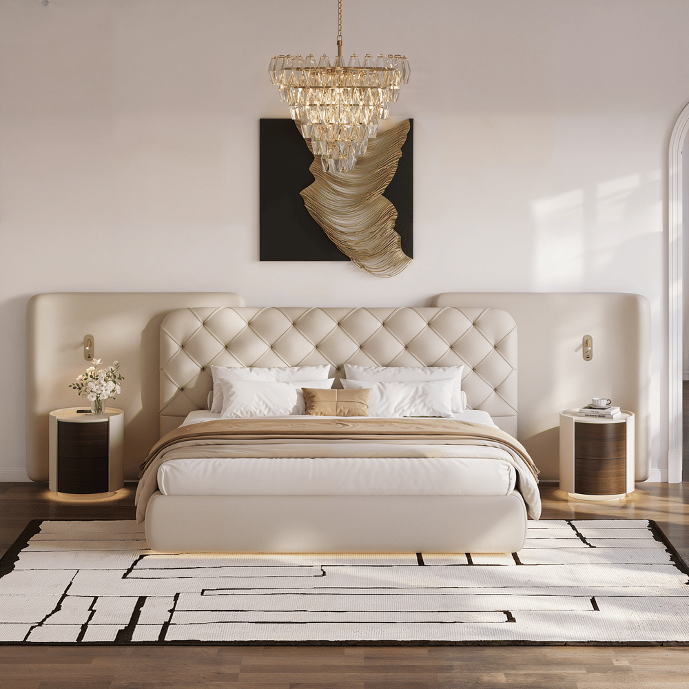 Modern King Genuine Leather Tufted Bed with Wide Charging Headboard & Light window image