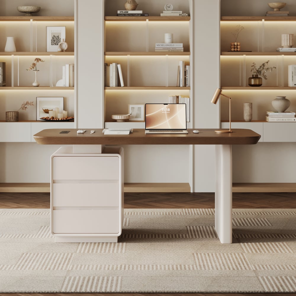 Modern 63” Rectangular Walnut Wood Desk with charging station & storage window image