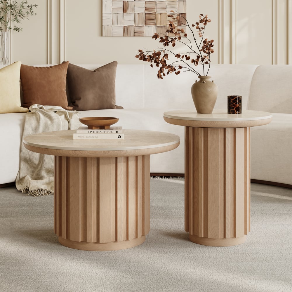 Aura 2 Piece Set Ash Wood Slatted  Round Coffee Table with Sintered Stone Top(20" - 28") window image