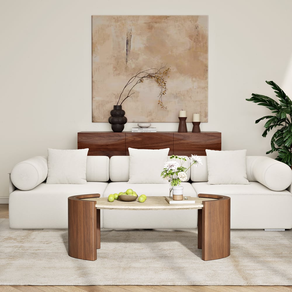 Table Basse de 43" en Pierre de Travertin Ovale Style Japandi image de fenêtre