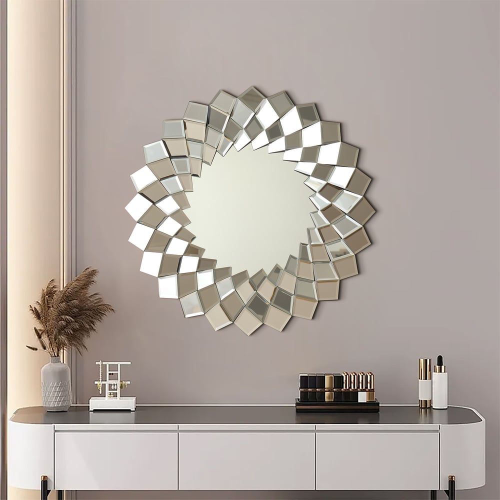24" Diamond-Shaped Wall Mirror, Silver Round Decorative Mirror window image