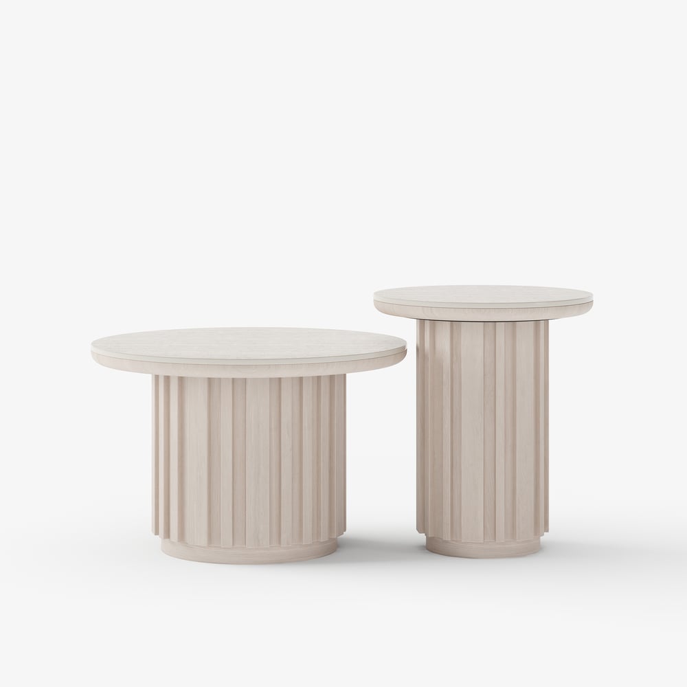 Aura 2 Piece Set Ash Wood Slatted  Round Coffee Table with Sintered Stone Top(20" - 28") window image