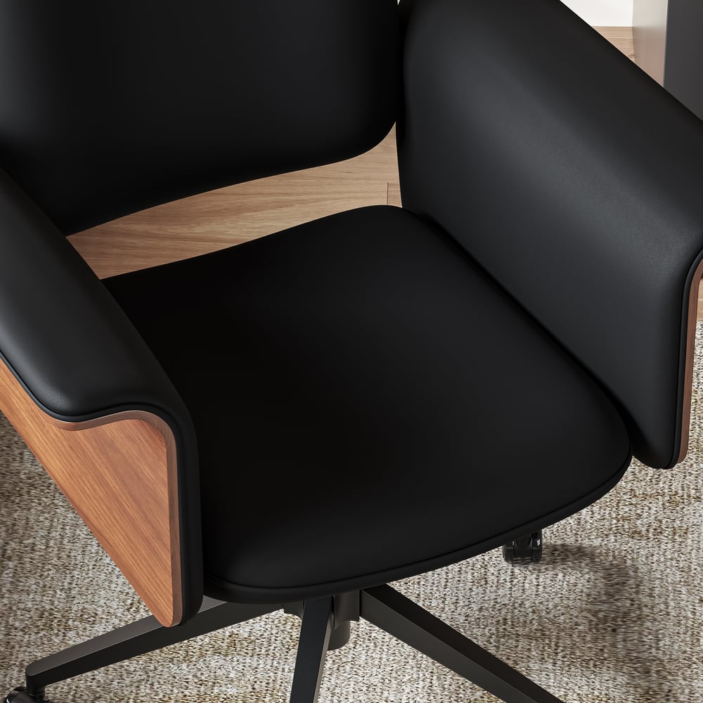 Walnut L-Shaped Corner Desk & Black Faux Leather Office Chair window image